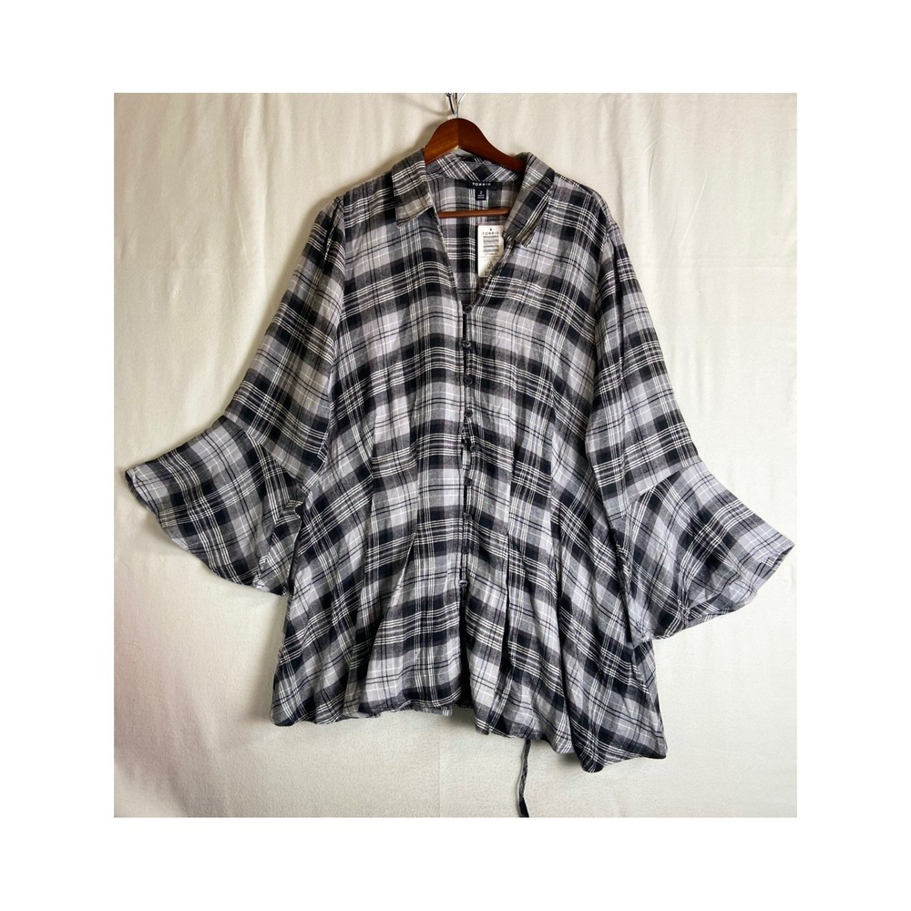 Torrid Fit & Flare Helen Plaid Flannel Top 2 2X Bell Sleeve Lace Up Back Grunge